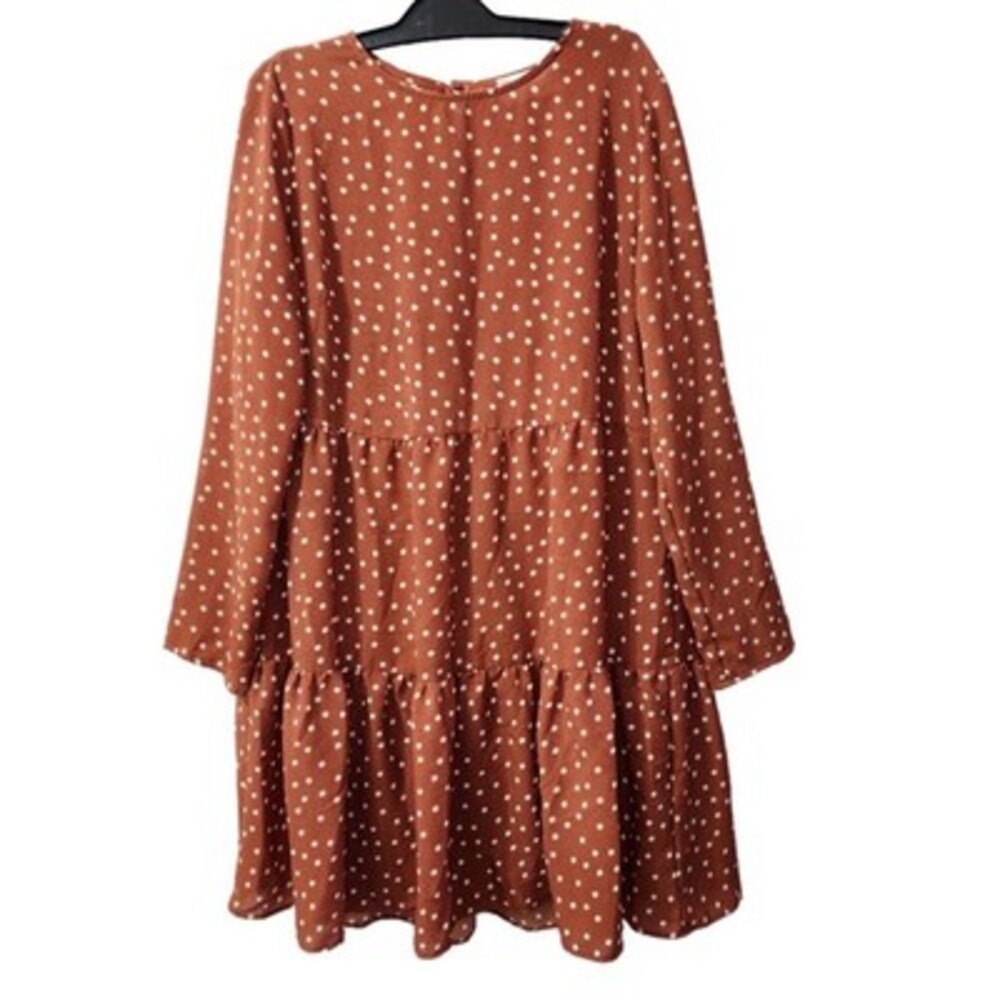 ASOS DESIGN Rust Brown Polka Dot Mini Smock Dress Tiered Long Sleeve US 8